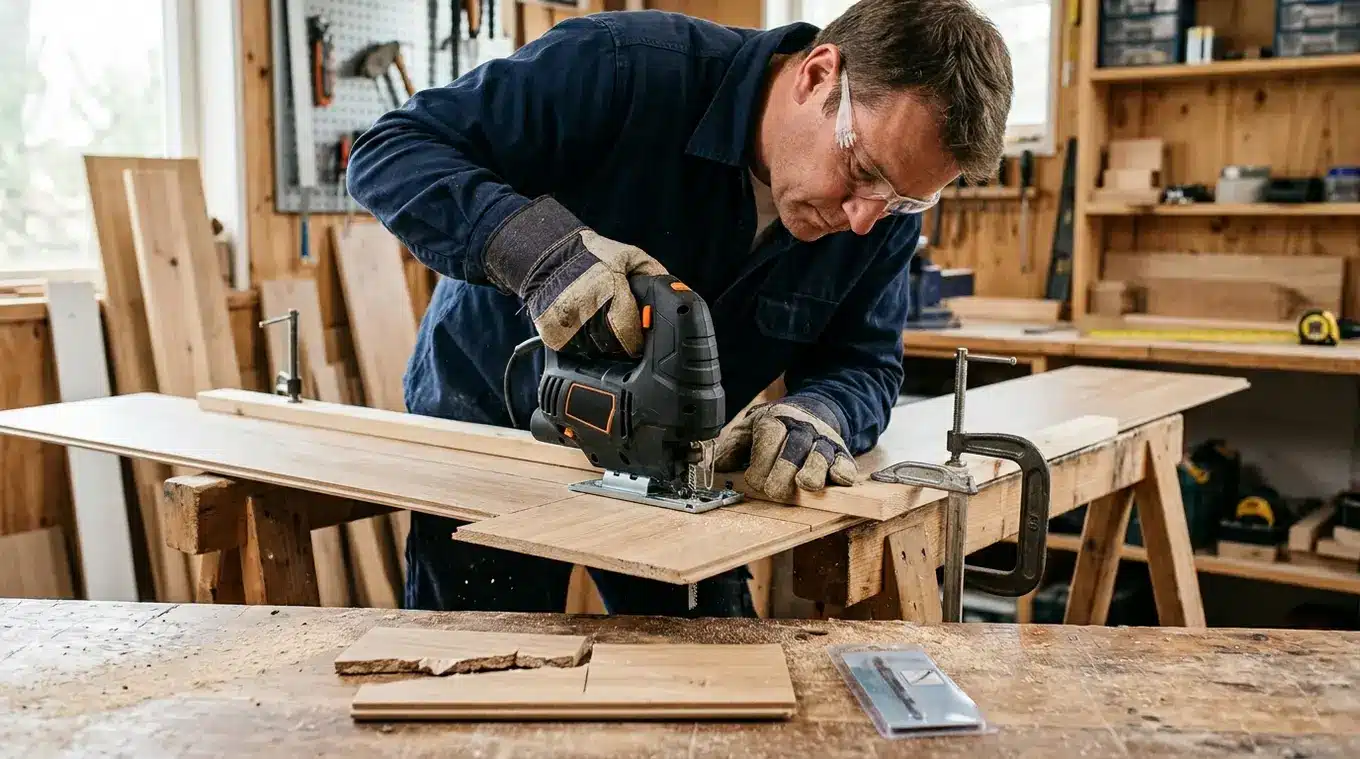 Klusser zaagt met een decoupeerzaag en een fijngetand blad een laminaatplank bij een geklemde geleider; reststuk met testzaagsnede en nieuw blad zichtbaar, plank goed ondersteund e