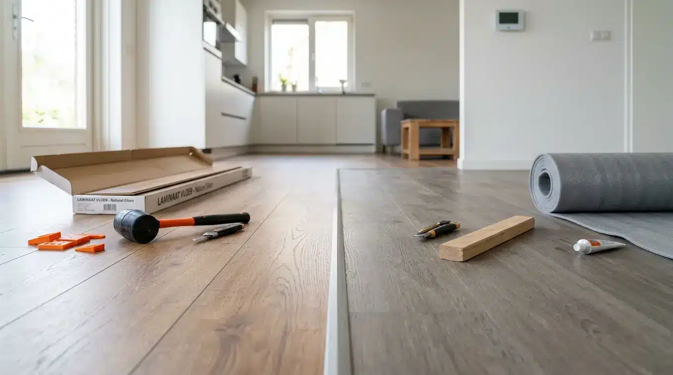 Horizontale foto van een interieur met links laminaatvloer en rechts PVC-planken die elkaar ontmoeten; gereedschap en plankmonsters naast de overgang, natuurlijke daglichtinval, ge
