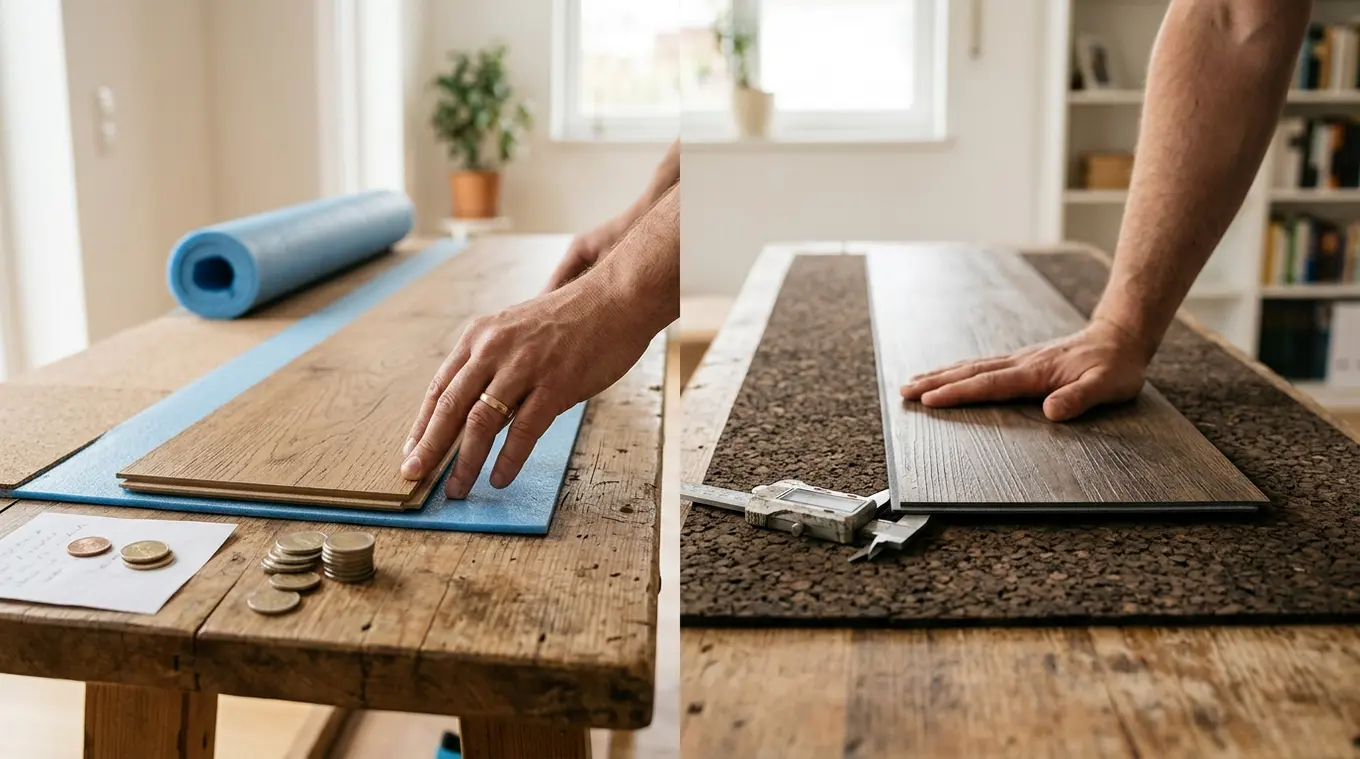 Horizontale foto met links laminaatplank op dunne schuimondervloer en euromunten, rechts PVC-plank op dikke hoge-dichtheid ondervloer met schuifmaat en hand die op de plank drukt,