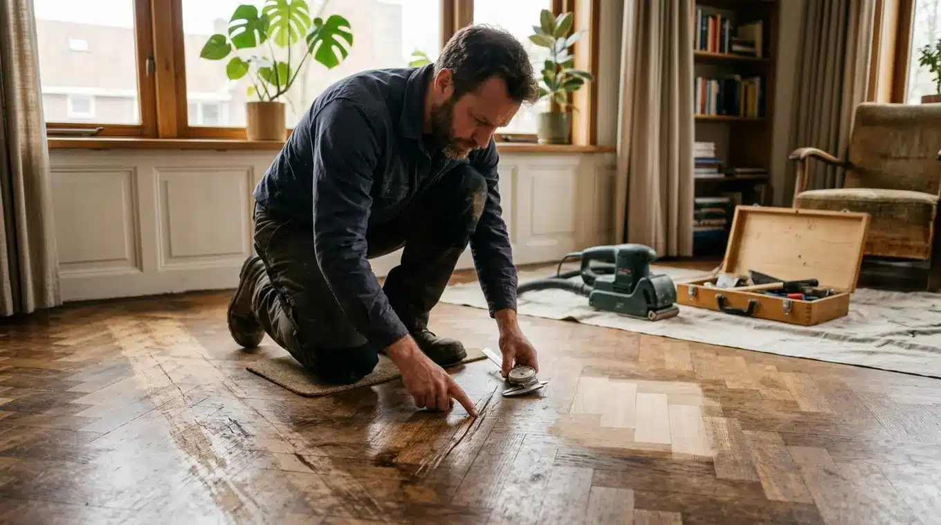 Vakman knielt in een lichte woonkamer en inspecteert een parketvloer: diepe kras, kale looproute, donkere vlek en een klein proefvlak naast ongeschuurd hout, met schuurmachine in d
