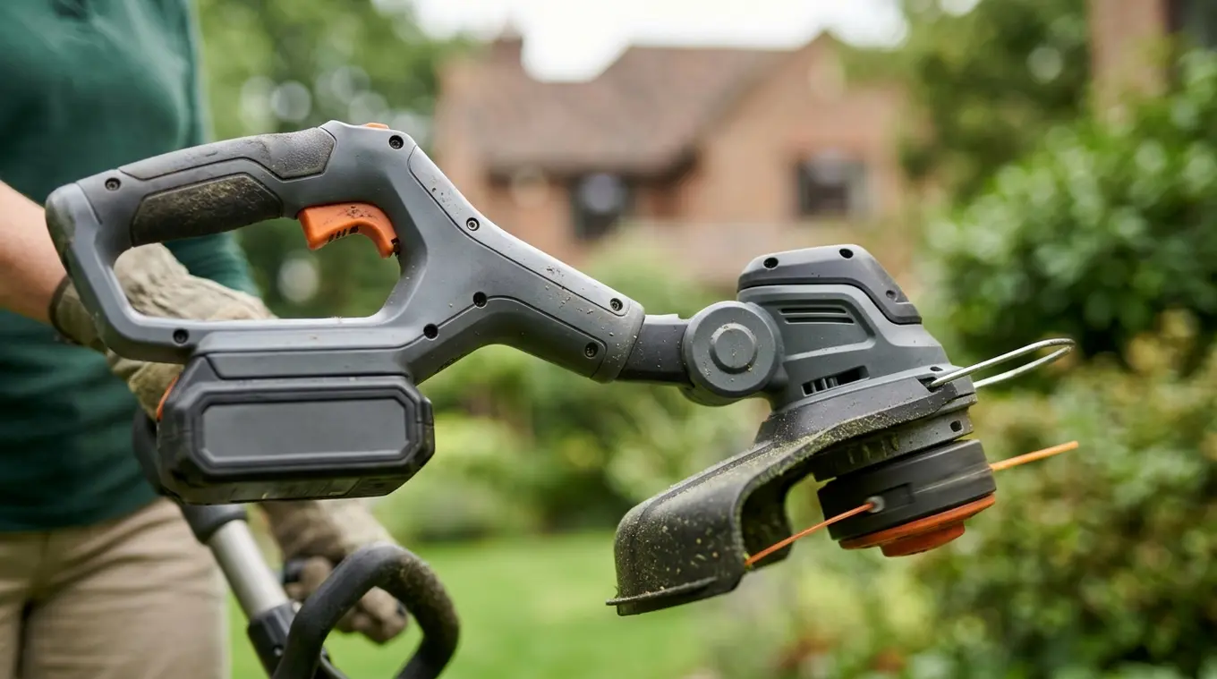 Horizontale foto van een volwassene die ontspannen met een hoogwaardige, onbranded accu-grastrimmer een nette gazonrand trimt; close-up van ergonomisch handvat en strakke snijlijn,