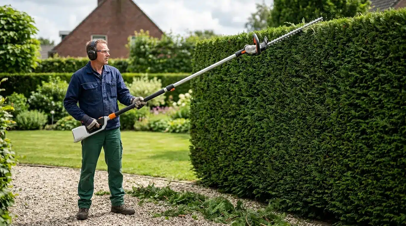 Persoon op de grond gebruikt een uitgeklapte telescopische heggenschaar met gekantelde kop om de bovenkant van een hoge haag te snoeien; stevige, veilige houding, geen ladder, tuin