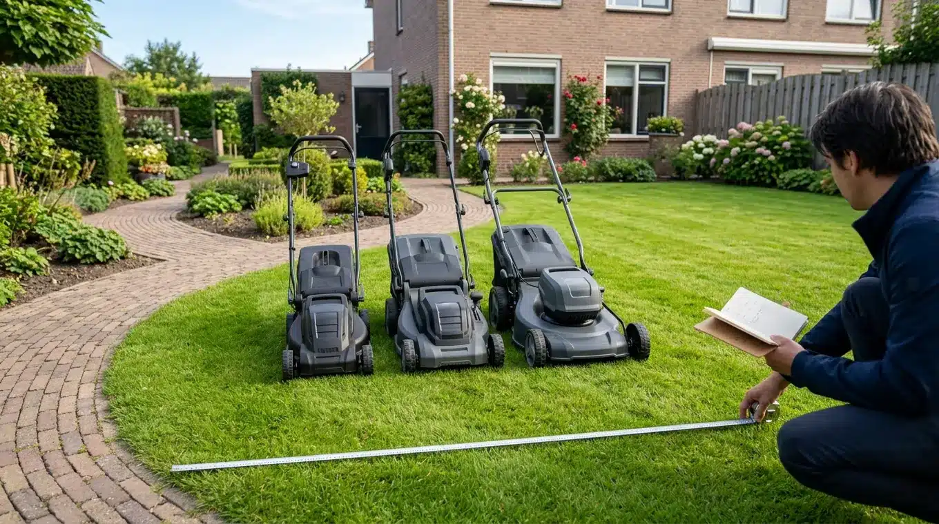 Horizontale foto van een achtertuin met drie accu-grasmaaiers naast elkaar (smal, middenbreed, breed), iemand van achteren die het gazon meet met een rolmaat; links paden en border