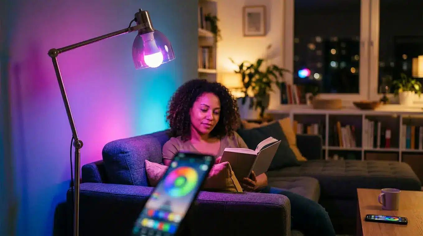 Horizontale avondfoto van een moderne woonkamer: een vloerlamp met een heldere, kleurrijke slimme lamp werpt diepe paarse/blauwe tinten op muur en bank; iemand leest ontspannen op