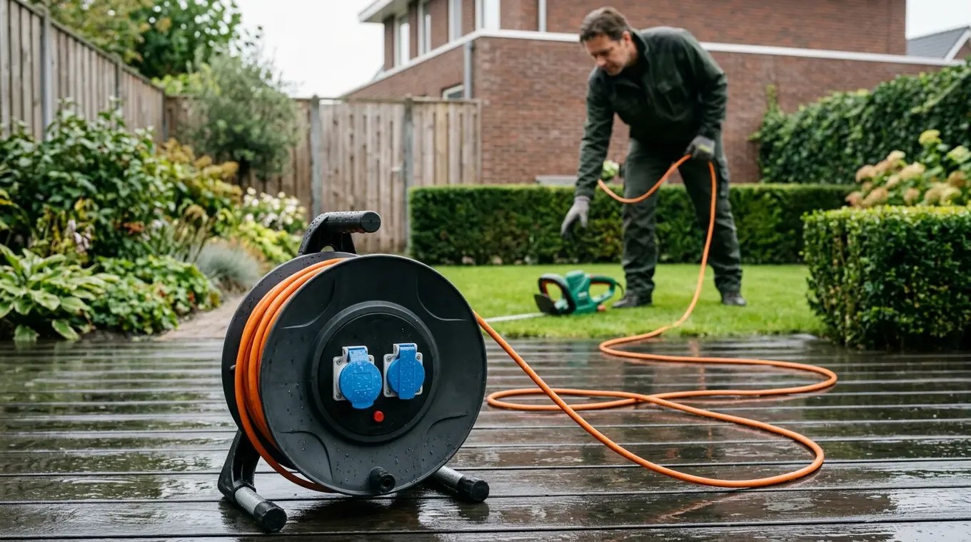 Horizontale foto van een buitenkabelhaspel (zonder merken) op een nat terras; de kabel bereikt net niet een grasmaaier in de tuin, met zichtbare spatwaterdichte koppeling en klein