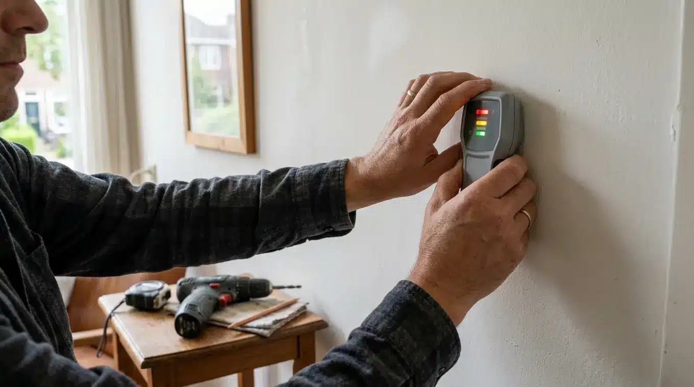 Hand van een doe-het-zelver die een compacte, logo-vrije leidingzoeker tegen een geschilderde binnenmuur houdt; op tafel liggen meetgereedschap en een accuboormachine, achtergrond