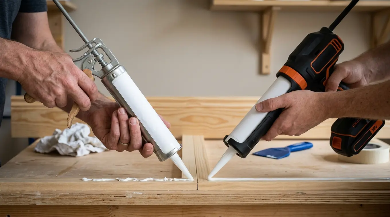 Horizontale foto van een werkbank met twee kitpistolen in gebruik: links een handmatig model waarbij een hand duidelijk kracht zet, rechts een accupistool dat een gelijkmatige kitv