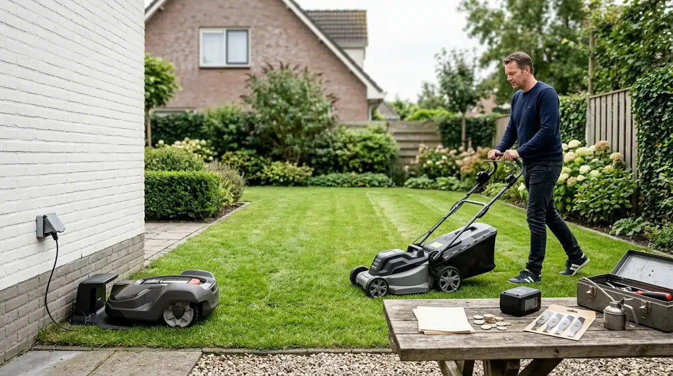 Horizontale foto van een tuin met links een robotmaaier bij zijn laadstation en rechts een persoon die een conventionele grasmaaier duwt; op een werkbank zijn accu, losse messen, o