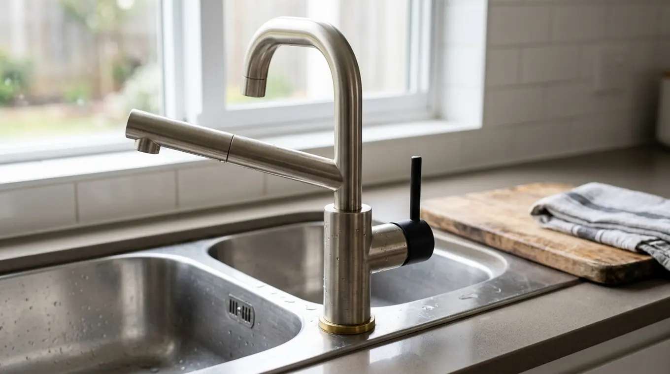 Close-up horizontale foto van een moderne design keukenkraan met stevige messing basis en geborsteld nikkel afwerking boven een dubbele spoelbak in een lichte, eigentijdse keuken,