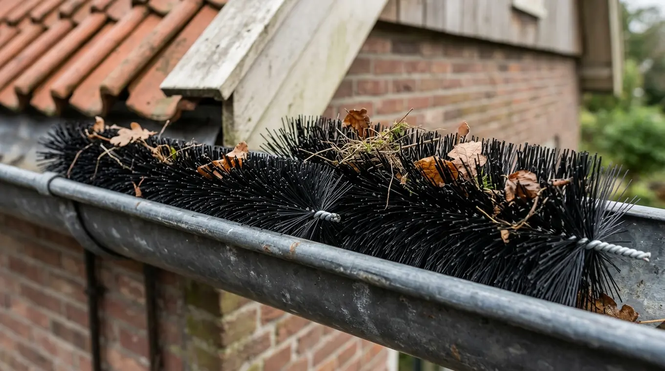 Horizontale close-up van een dakgoot met twee anti‑vogel combi‑borstels naast elkaar (slank Ø12 cm en dikker Ø15 cm). Stevige haren houden bladeren en kleine takjes tegen; enkele t
