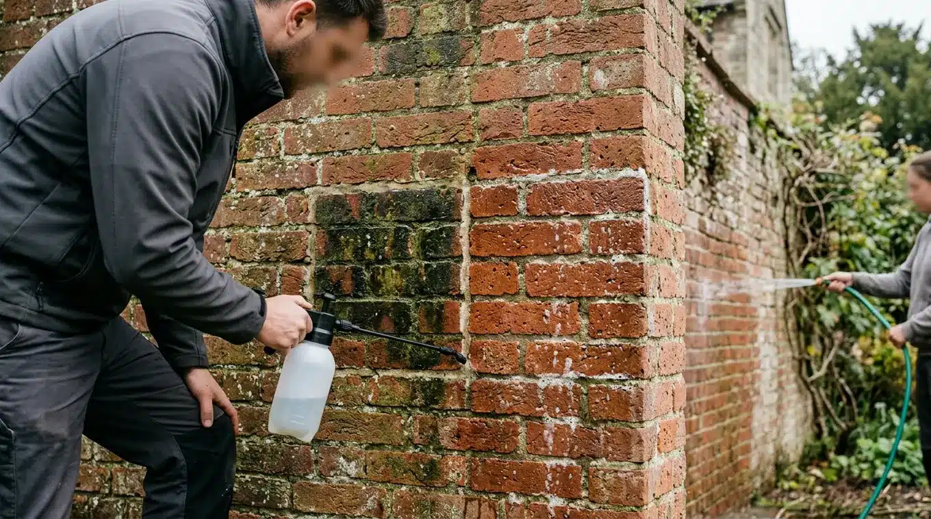 Horizontale foto van een vakman die met een pumpspuit proefvakjes behandelt op een poreuze bakstenen gevel; contrast tussen onbehandelde en behandelde plekken zichtbaar; rechts zac