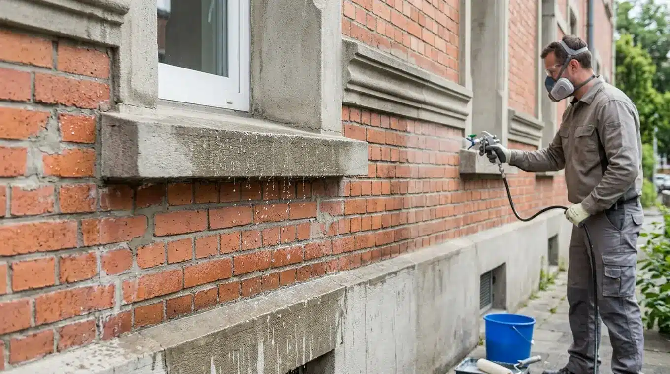 Horizontale foto van een vakman die een gemengde gevel (baksteen met betonnen details en hersteld voegwerk) behandelt; links verschijnen waterparels op de behandelde zijde, rechts