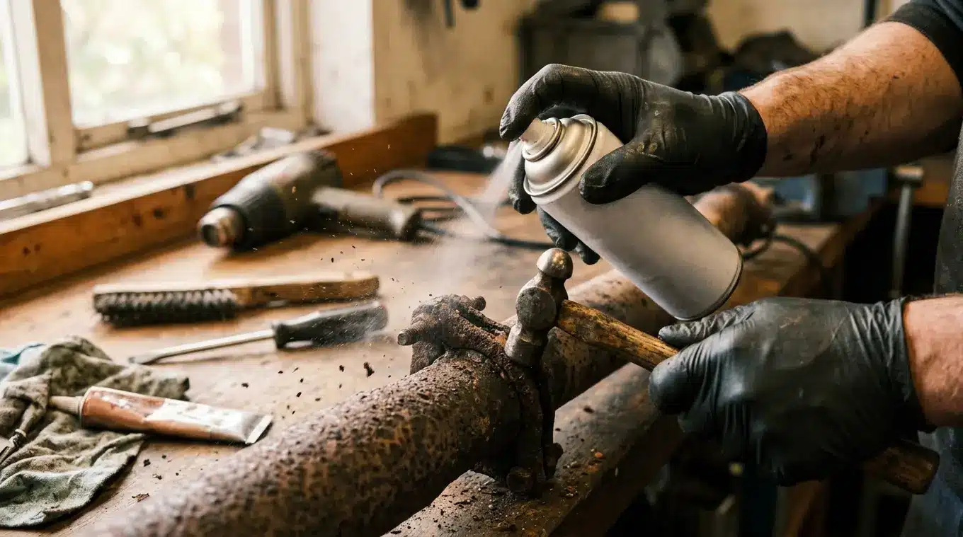 Horizontale close-upfoto van een handschoenbedekte hand die een onbedrukte spuitbus op een verroeste uitlaatklem spuit, terwijl een andere hand met een kleine hamer tikt; op de wer