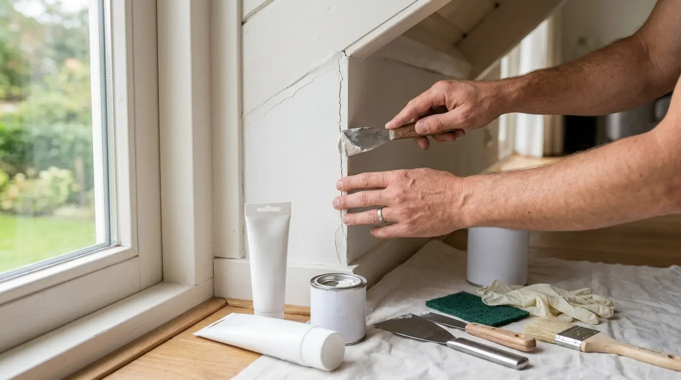Horizontale foto van handen die met een plamuurspatel flexibele reparatiemortel in een haarscheur langs een wand- en plafondnaad strijken; onbedrukte tubes en gereedschap op een do