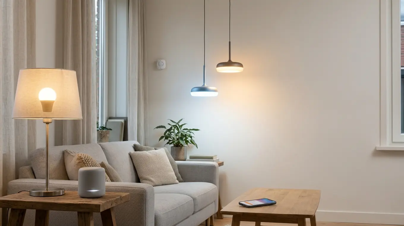 Horizontale foto van een moderne woonkamerhoek met een slimme tafellamp en hanglampen in verschillende kleurtemperaturen, een klein smarthome-hubachtig apparaat op een plank en een