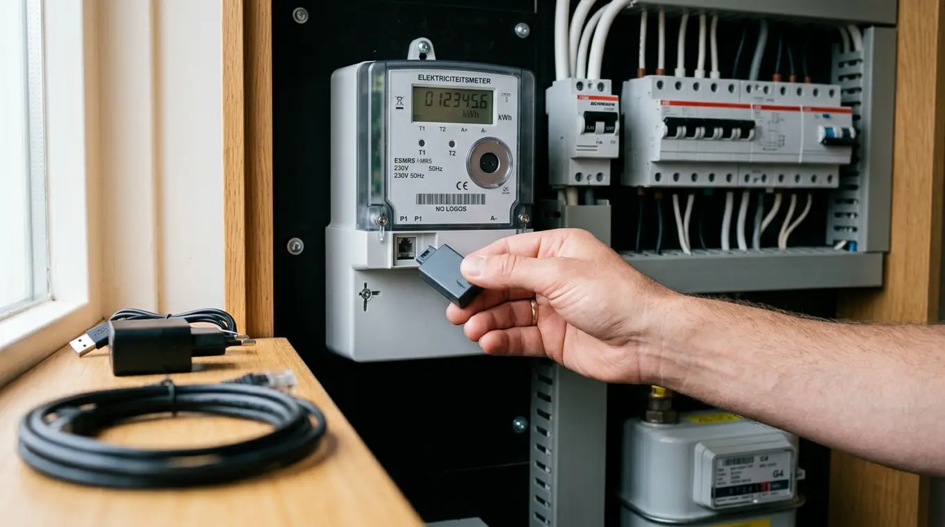Open meterkast: close-up van een hand die een kleine dongle in de P1-poort van een digitale elektriciteitsmeter steekt; op de achtergrond een netadapter en netwerkkabel als alterna