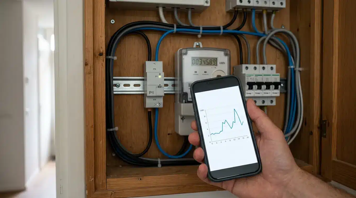 Horizontale foto van een generieke P1-energiemeter in een nette meterkast met een hand die een smartphone toont met een generieke energieverbruiks-grafiek; geen logo's of tekst zic