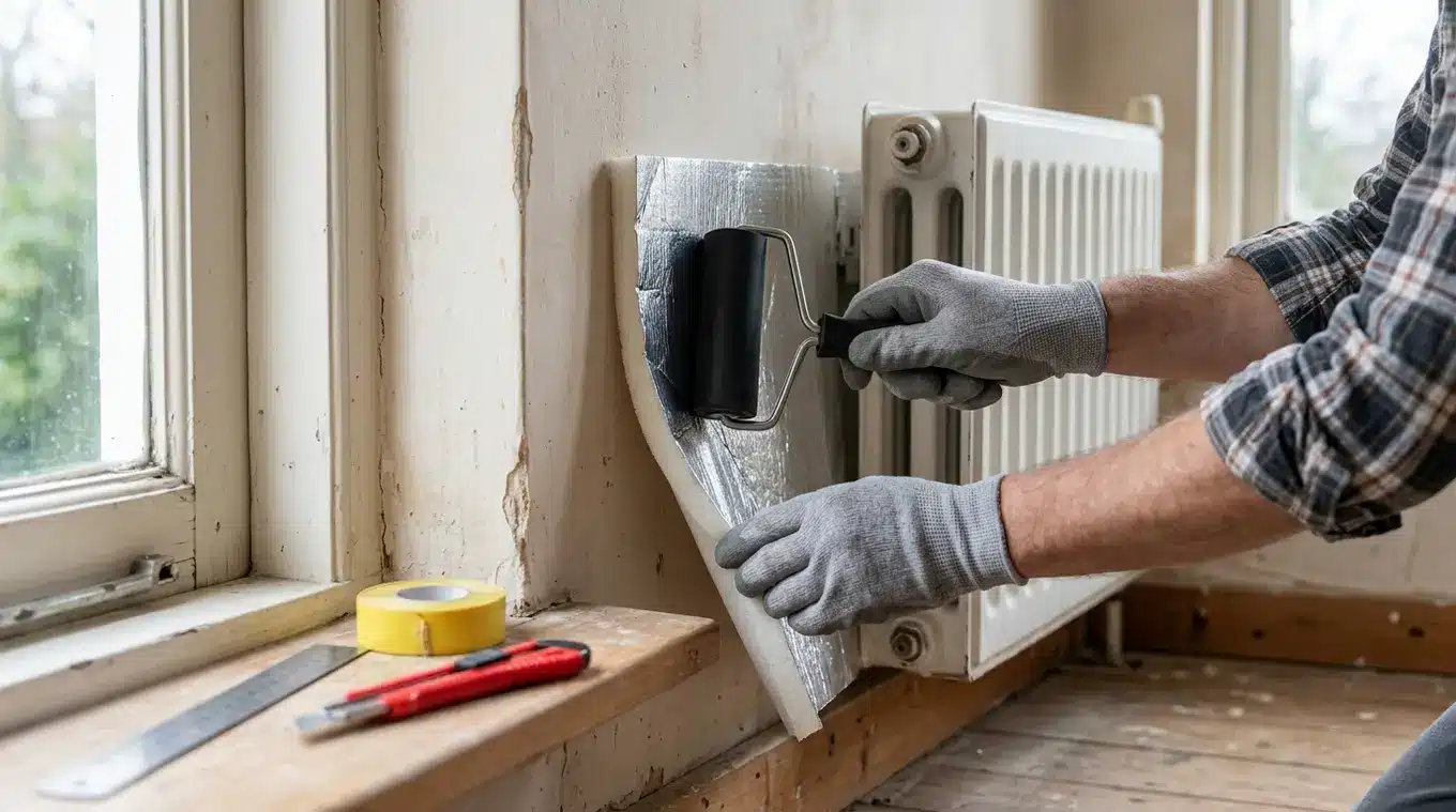 Horizontale foto van handen met handschoenen die stevige, dikkere radiatorfolie met schuimdrager tegen een oude pleistermuur aandrukken met een rubberen roller; rand van dikke drag