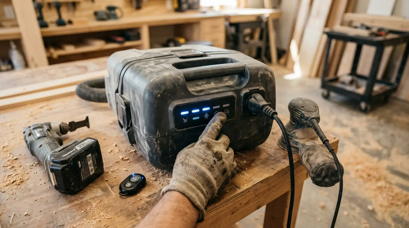 Horizontale foto van een compacte bouwstofzuiger in een werkplaats; een handschoen raakt het touchpaneel met vijf verlichte LED-standen, een netsnoer is aangesloten op het automati