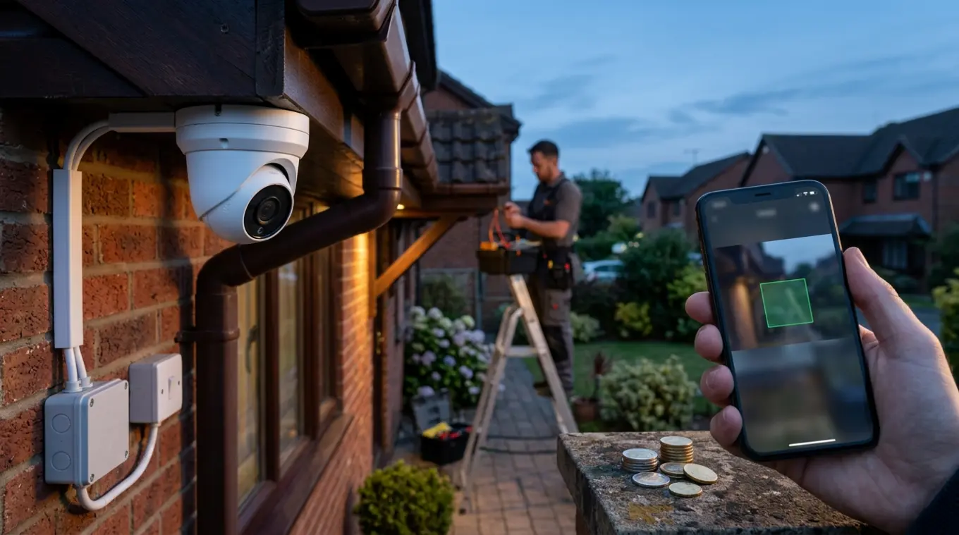 Horizontale foto van een witte buiten‑beveiligingscamera zonder logo onder de dakgoot bij schemerlicht; links close‑up van de camera met nette kabel in goot naar buitenstekker. Rec