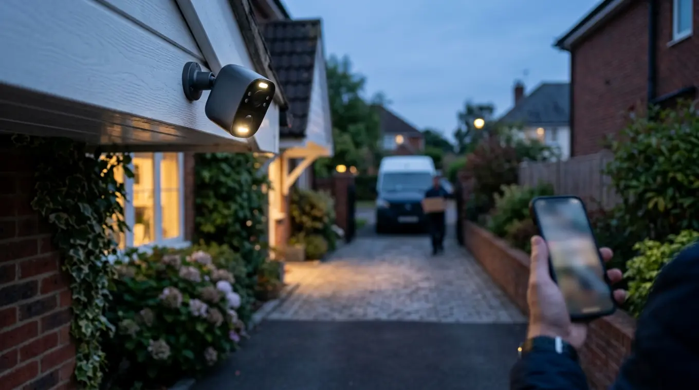 Horizontale foto van een merkloze buitenbeveiligingscamera onder de dakrand, scherp op de voorgrond; in de schemering verlicht de spotlight een oprit met een bezorger/auto op afsta