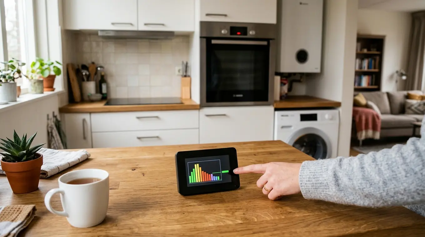 Horizontale foto van een merkloos energy display op een keukenaanrecht dat een groen grafisch verbruikspictogram toont; op de onscherpe achtergrond een oven en wasmachine om realti