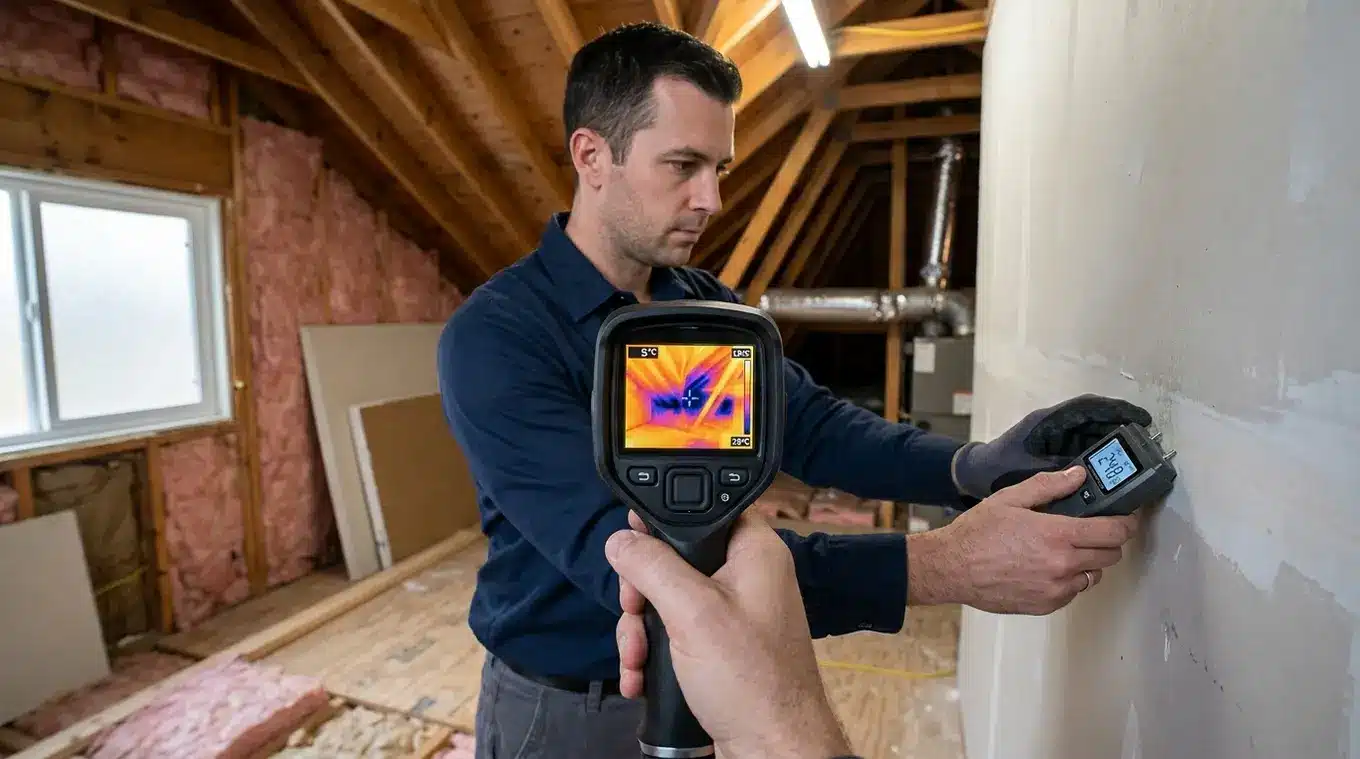 Technicus in een woning houdt een compacte warmtebeeldcamera en een hygrometer tegen een binnenmuur; het camerascherm toont blauwe koude zones bij de dakvoet, wat kan duiden op voc