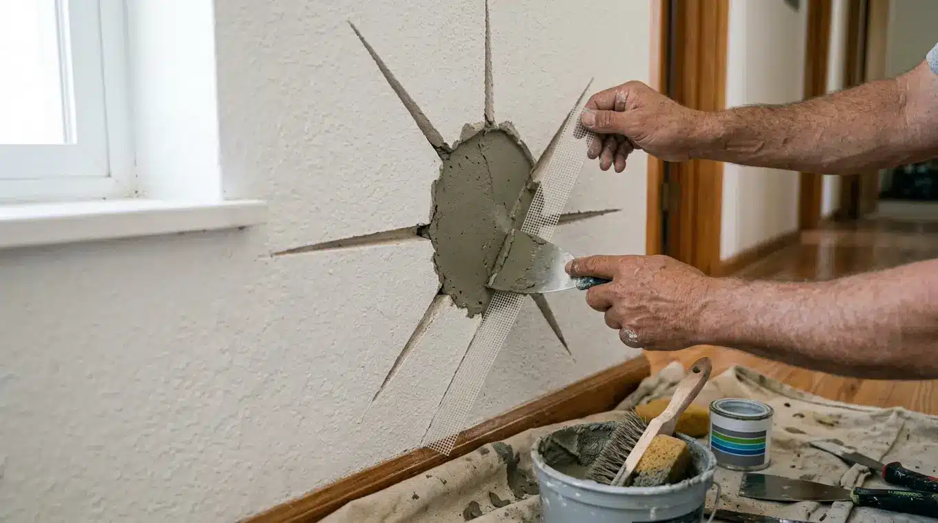 Horizontale foto van handen van een klusser die glasvezelband in een V-gesneden scheur drukt en reparatiemortel met een plamuurspaan in een groot gat in een binnenmuur strijkt; emm