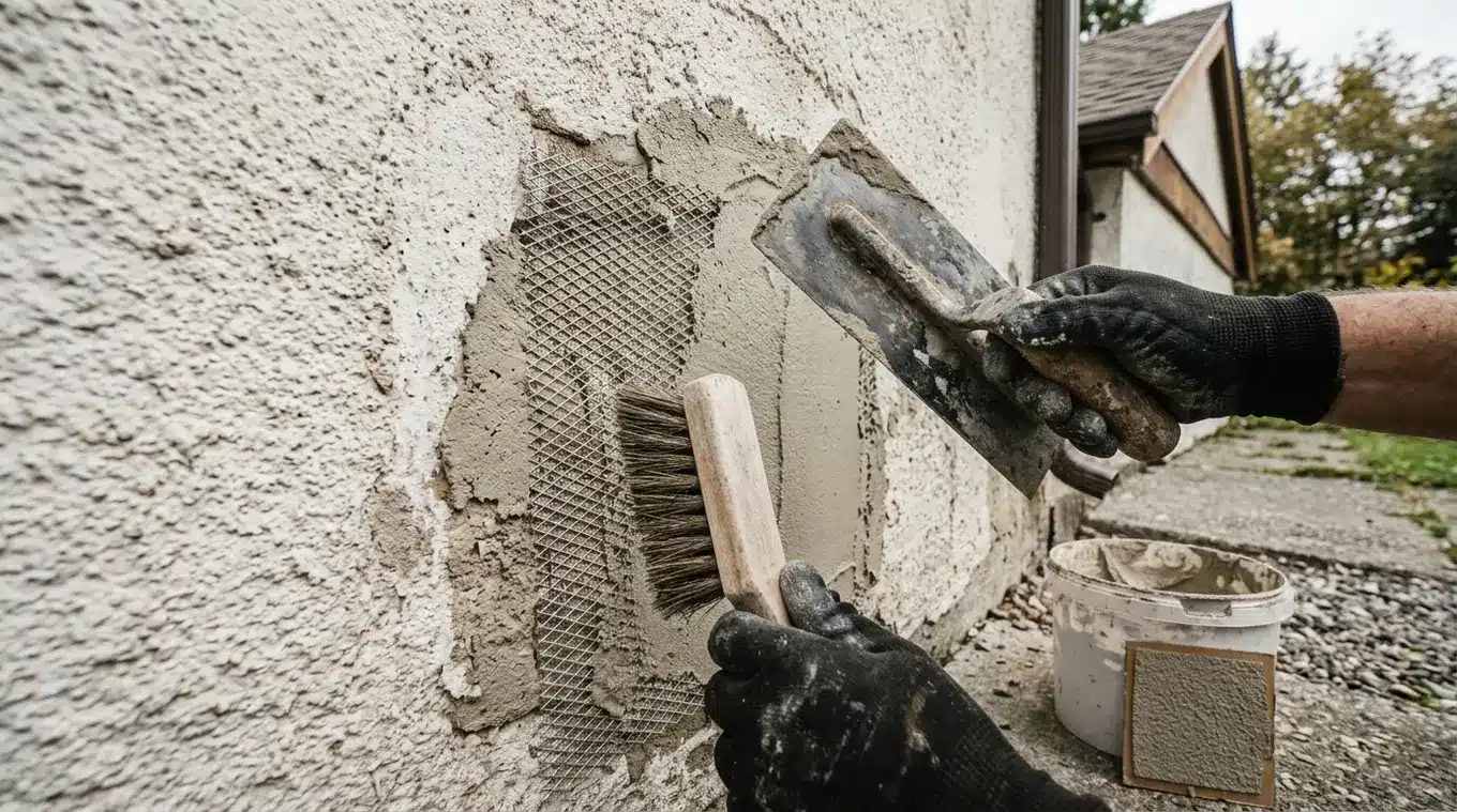 Horizontale foto van handen met werkhandschoenen die buiten een stuk stucwerk repareren: stucgaas in de eerste laag gedrukt, spaan en spons gebruiken om de korrel van spachtelputz