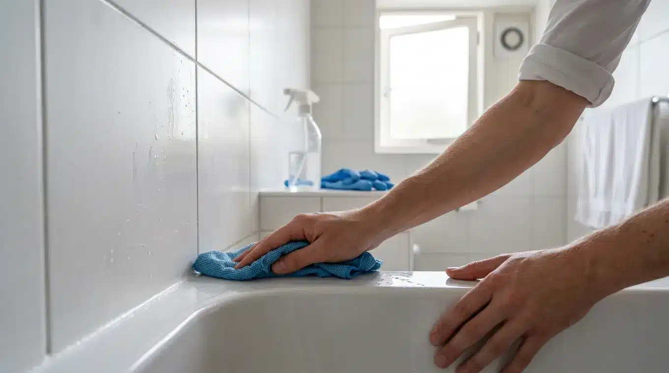 Close-up van handen die met een microvezeldoek de kitrand van een douche/wastafel schoon en droog maken; onbedrukte sprayfles en handdoek op de achtergrond, open raam voor ventilat