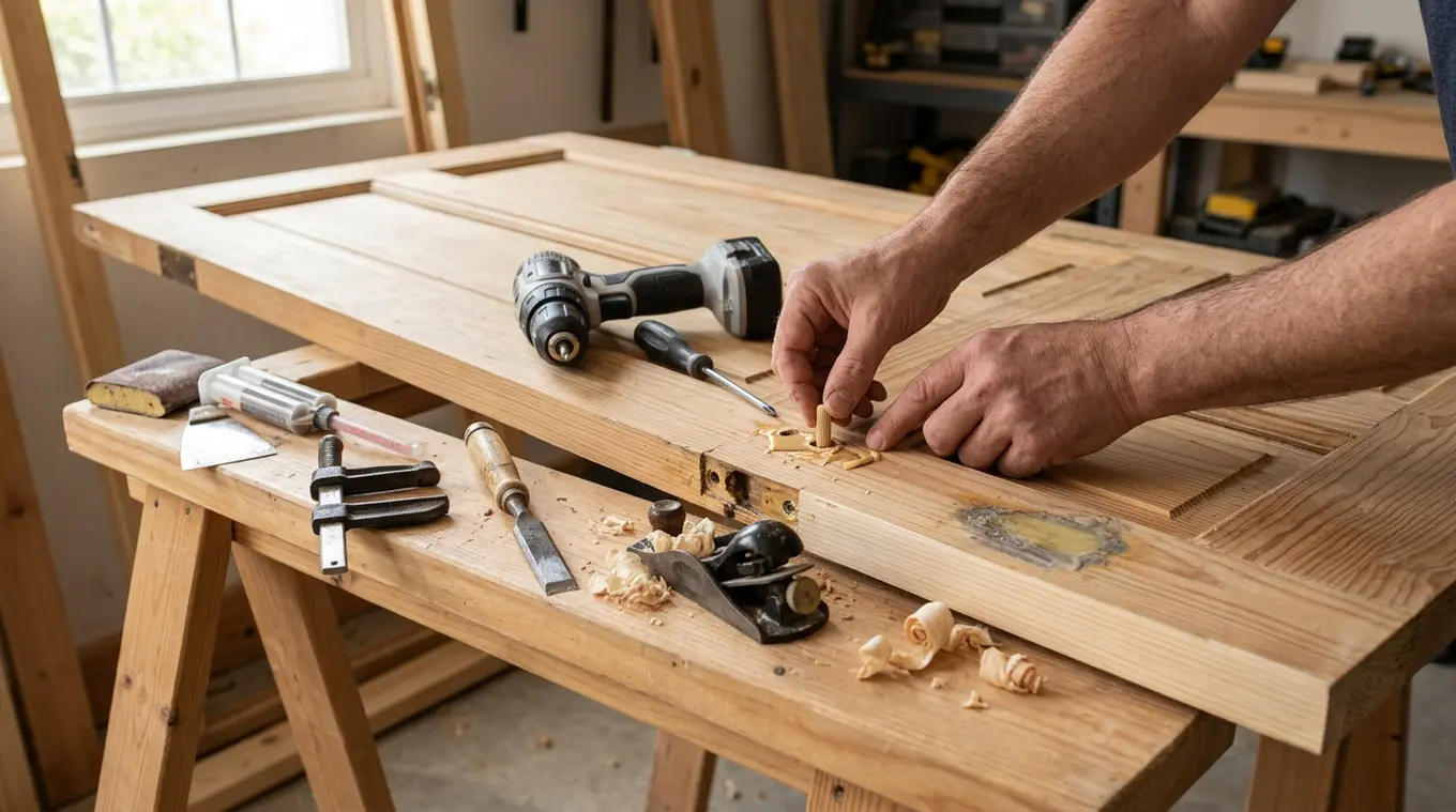 Hands close-up die een uitgelubberd schroefgat in een houten deur vullen met een houten deuvel en houtlijm; schuifdeuren, schaaf, beitel, epoxytube en schroevendraaier op de achter