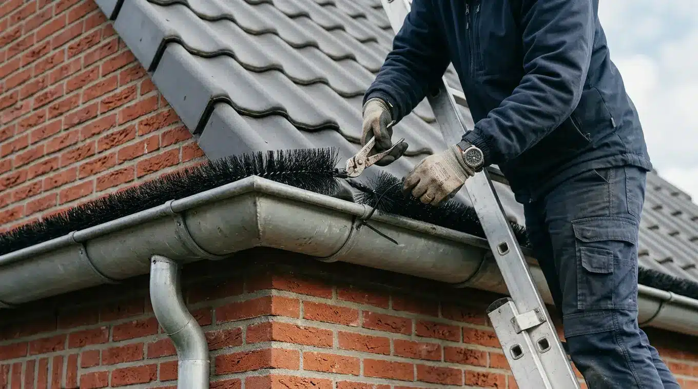 Close-up van een persoon op een ladder die een dakgootborstel vastzet bij een hoek met een kort kunststof bindertje aan een gootbeugel; de borstel ligt licht onder de gootranden en