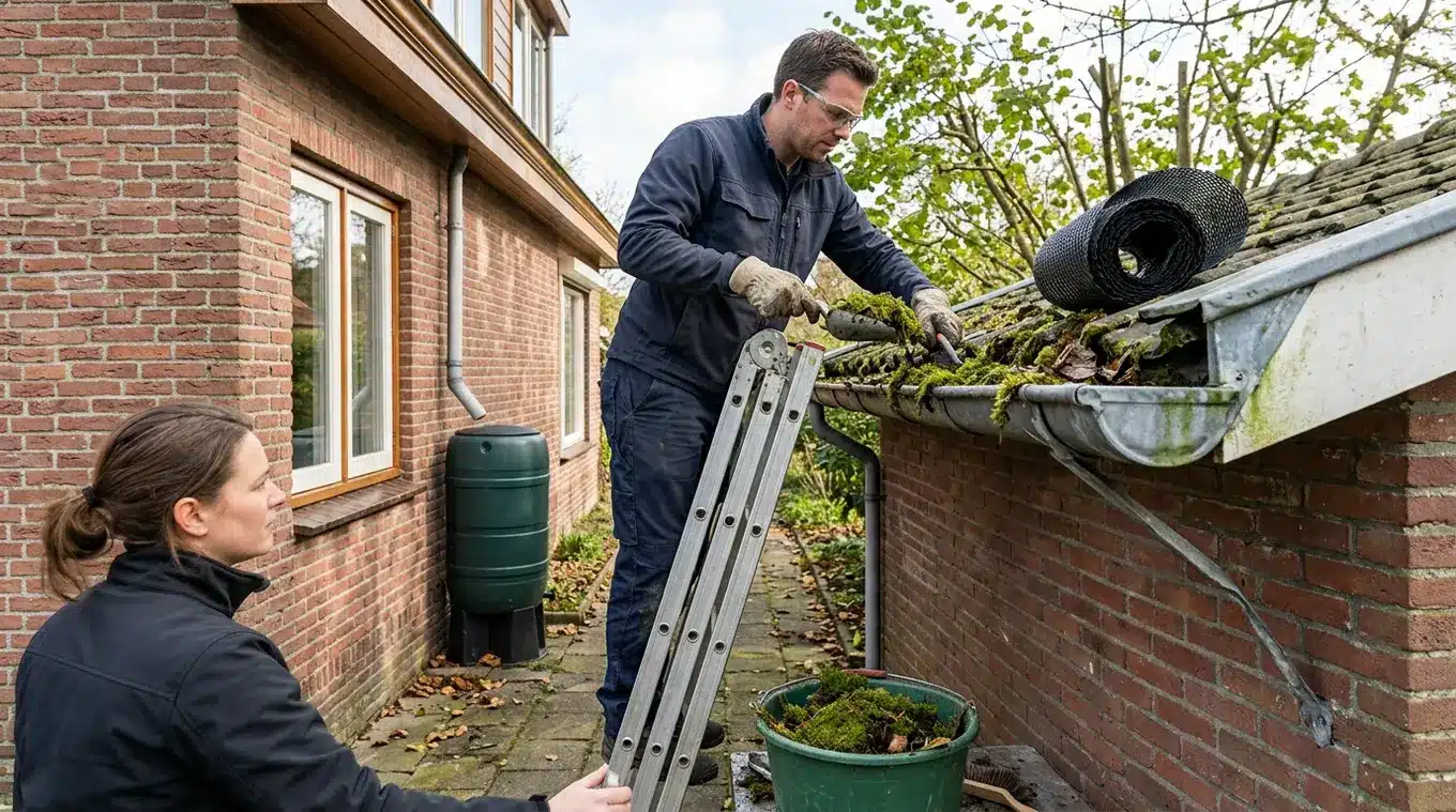 Horizontale foto van een klusser op een stabiele ladder die nat mos en bladeren uit een dakgoot schept; op de grond een emmer met afval, iemand houdt de ladder vast. Op de achtergr