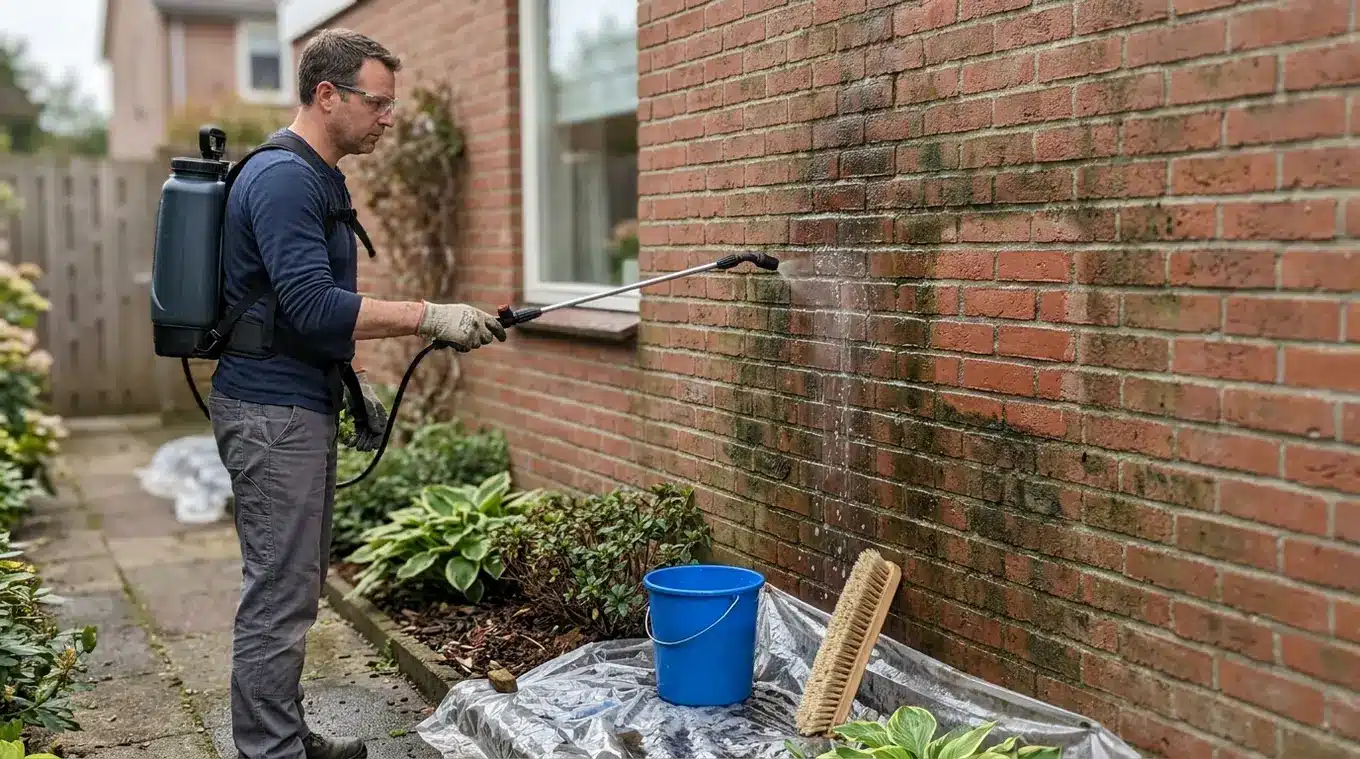 Horizontale foto van een persoon met handschoenen en veiligheidsbril die met een lage-druk spuit een algenverwijderaar op een bakstenen gevel aanbrengt; planten zijn afgedekt, zach