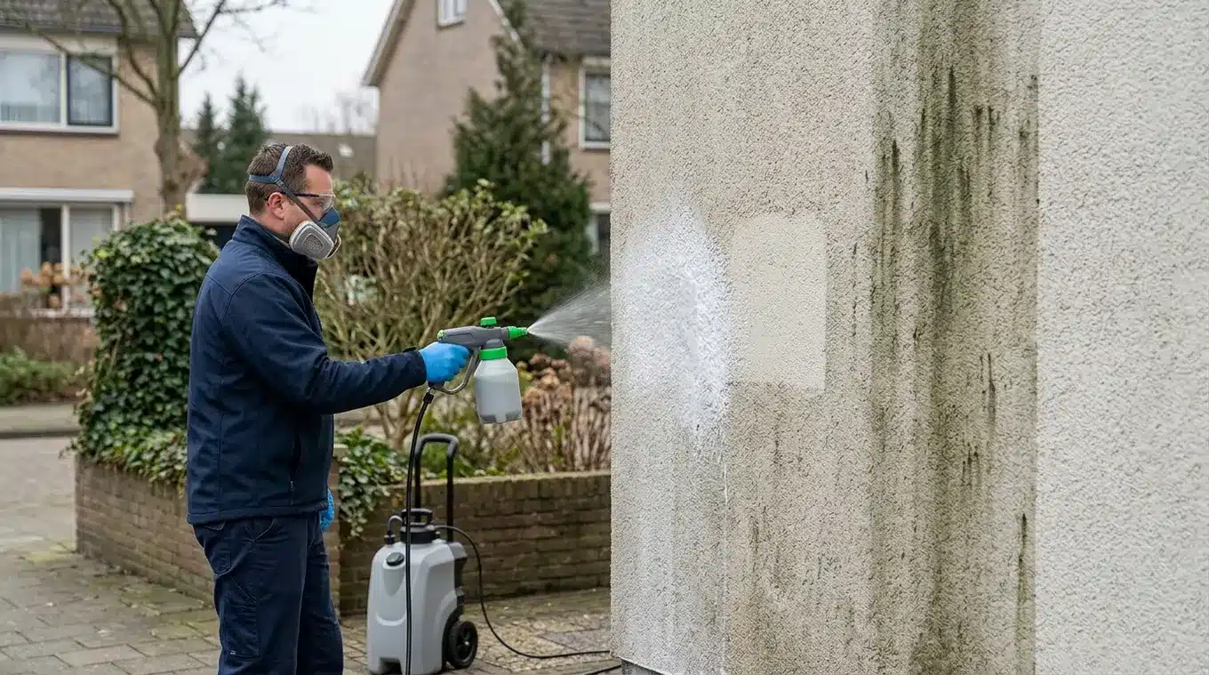 Horizontale foto van een gevelreiniger in beschermende kleding die met een logo-vrije lage-druk schuimsprayer een gestucte gevel behandelt; zichtbaar een klein testvlak en een scho