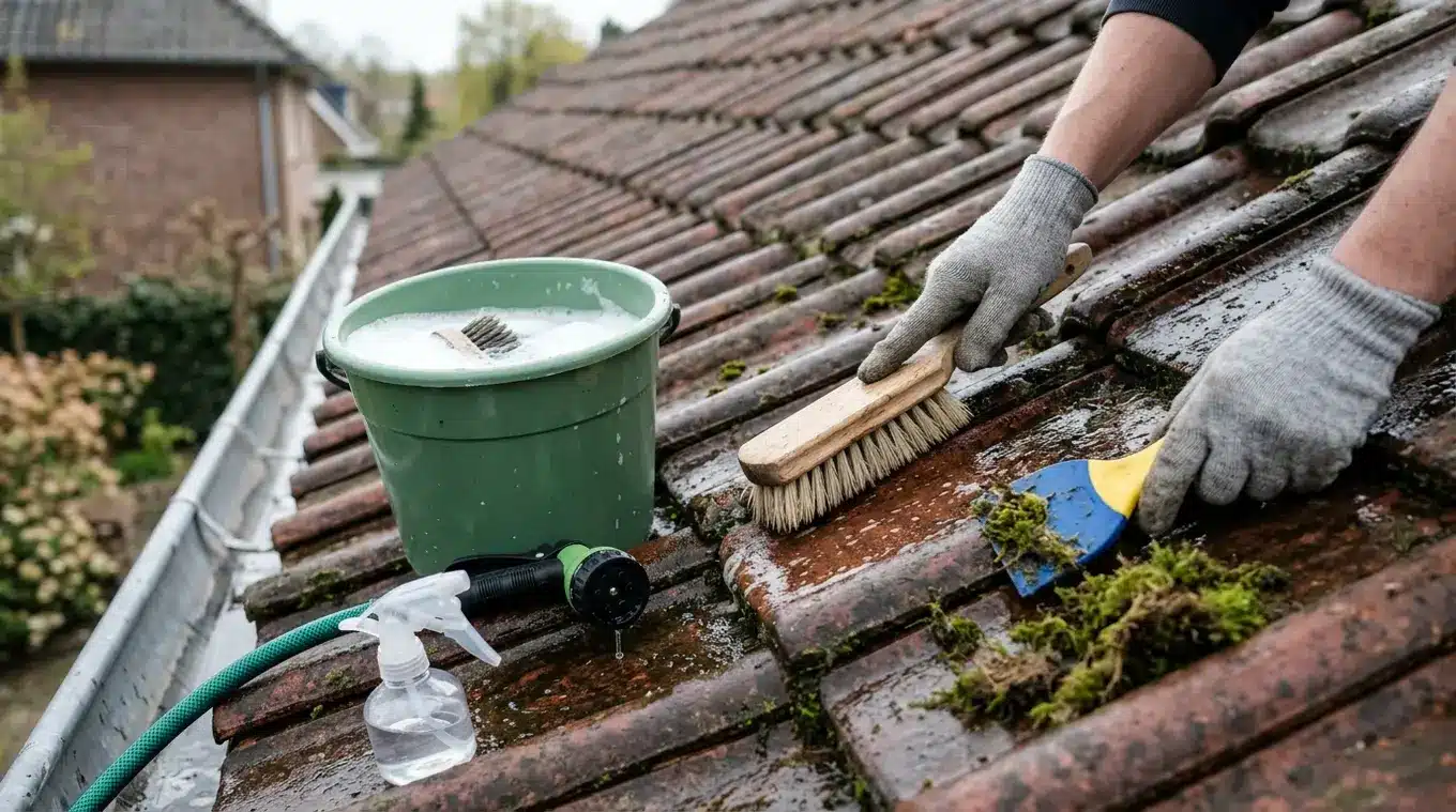 Horizontale realistische foto van handmatige dakreiniging: handen met werkhandschoenen reinigen natte kleidakpannen met een zachte borstel, emmer met lauw sop, kunststof schraper m