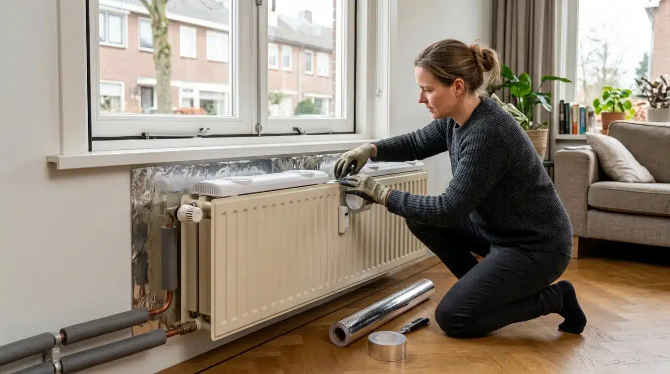 Horizonale foto van iemand die radiatorfolie achter een radiator aanbrengt; op de radiator staat een kleine ventilator, leidingen zijn geïsoleerd en bij het raam is kierdichting zi