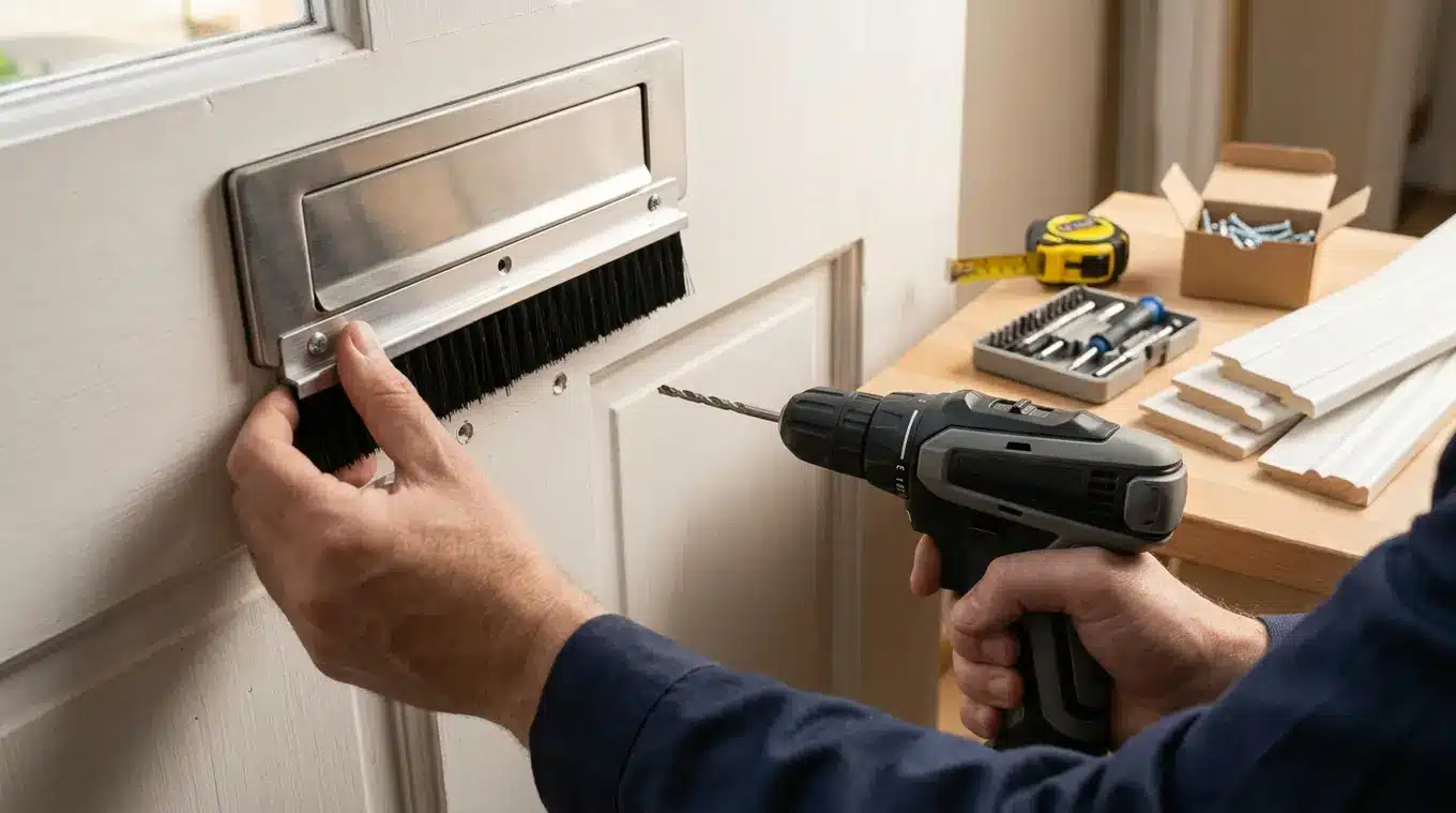 Close-up foto van handen die een brievenbusborstel tegen een deur plaatsen; potlood tekent positie af, accuboormachine en voorgeboorde gaten met schroeven zichtbaar, gereedschap ne