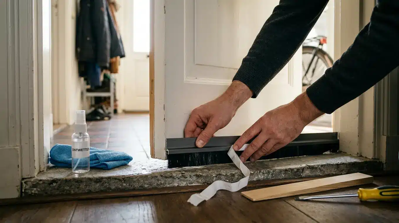 Close-up van handen die een zelfklevende deurborstel aan de onderkant van een deur plakken; ontvetter, doek, dun vulplaatje en schroevendraaier naast de drempel, deur staat op een