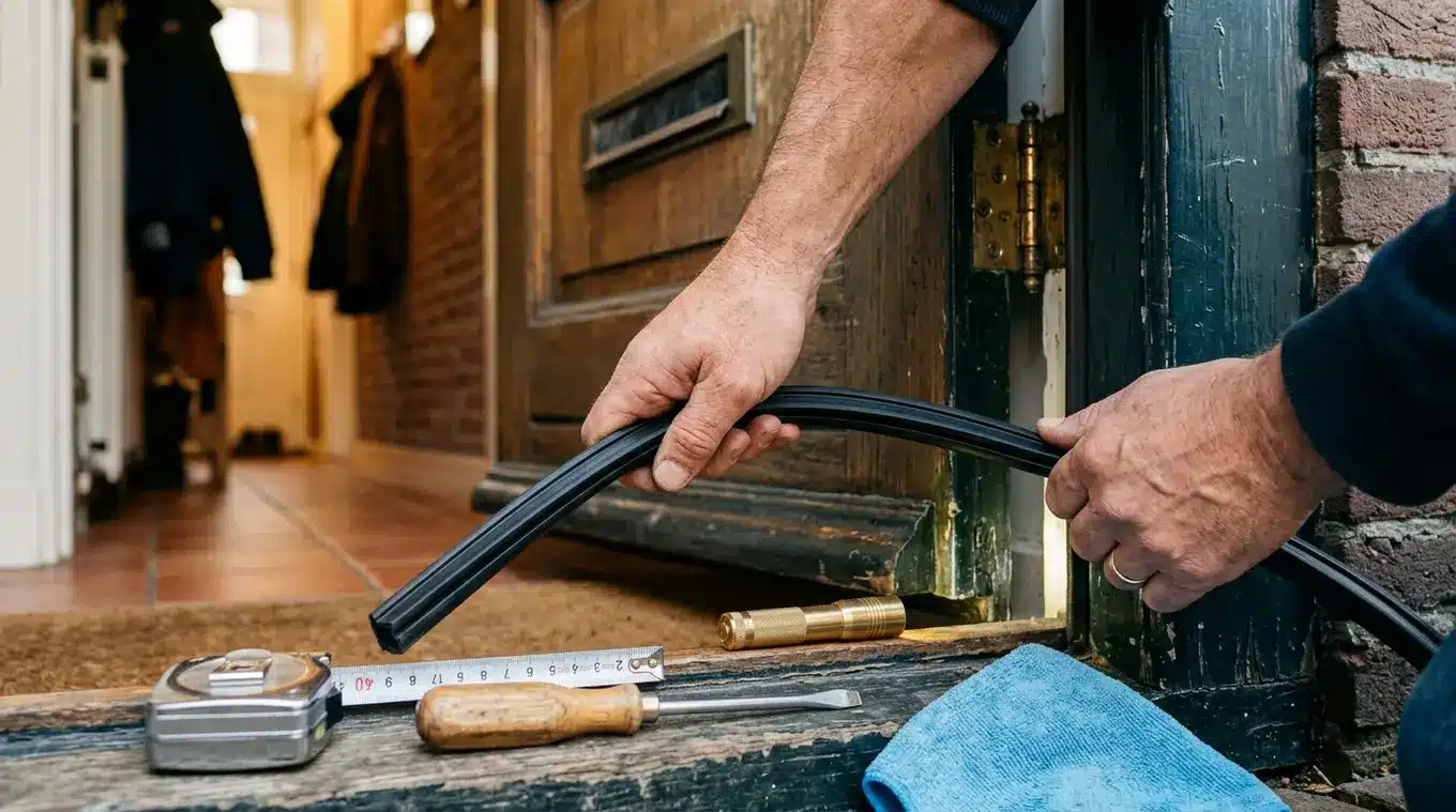 Close-up van handen die een holle rubberen tochtstrip op een houten voordeurkozijn plaatsen; rolmaat, schroevendraaier en zaklamp naast de deur, brievenbusborstel en scharnier onsc
