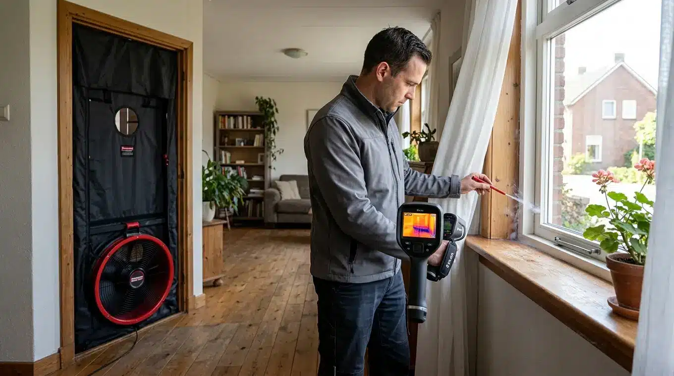 Technicus voert blowerdoortest uit in woonkamer: ventilator in deur met afdichting, warmtebeeldcamera toont koude strepen bij kozijn en rookpotlood laat rook zien bij een kier.