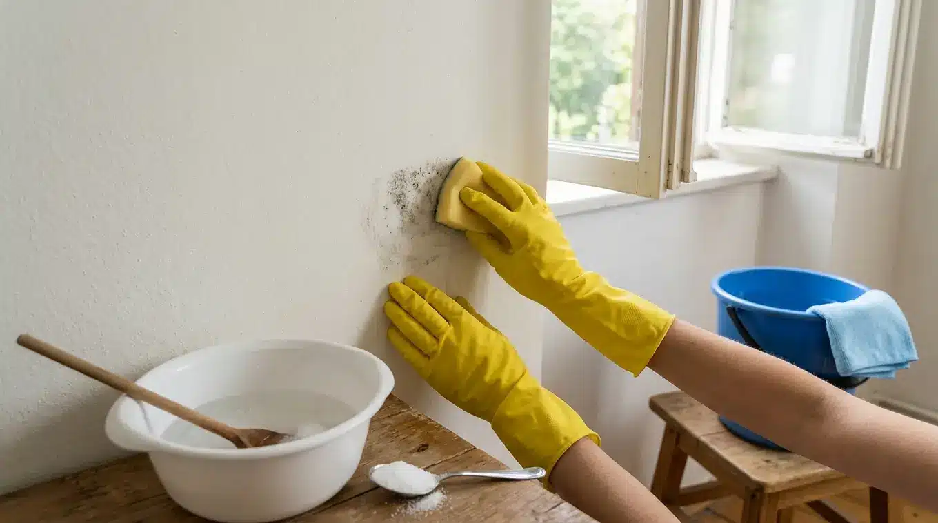 Handen met huishoudhandschoenen schrobben een kleine muurschimmelvlek met een spons; op de voorgrond een kom met warm water en kristalsoda, een emmer en doek, met een open raam op
