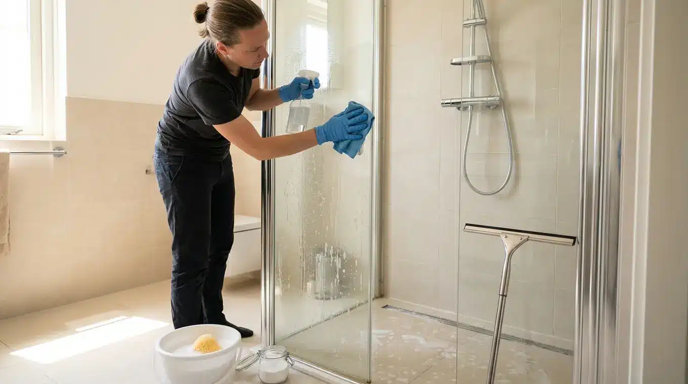 Foto van iemand die met handschoenen en een microvezeldoek van boven naar beneden een glazen douchedeur schoonmaakt; ruitenwisser, emmer met warm water en bakje baking soda in beel