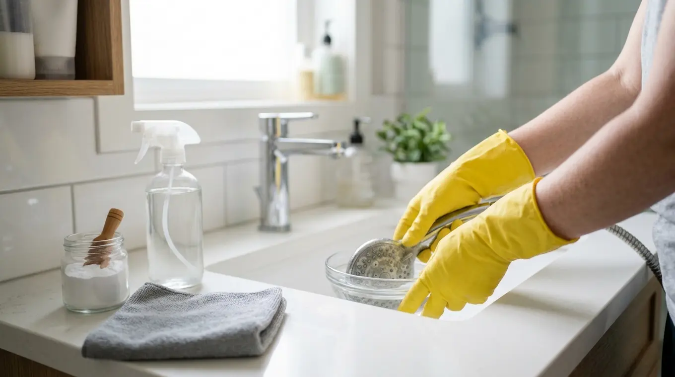 Handen met rubberhandschoenen houden een losgeschroefde verchroomde douchekop boven een witte wastafel; de douchekop heeft witte kalkaanslag en wordt ingeweekt in een doorzichtige