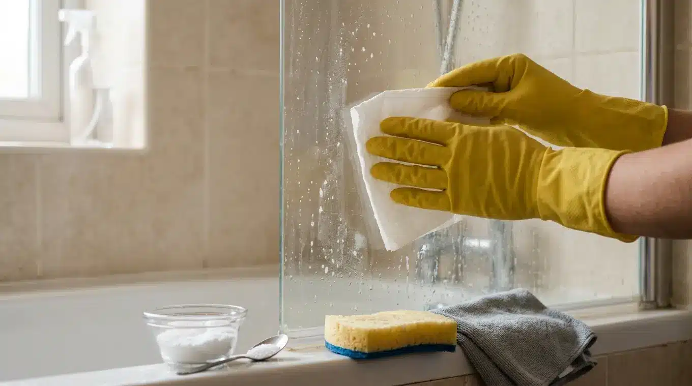 Close-up van handschoenen die vochtig keukenpapier op een glazen douchewand met kalkaanslag drukken; sprayfles, kommetje met citroenzuurpoeder en zachte spons op de voorgrond.