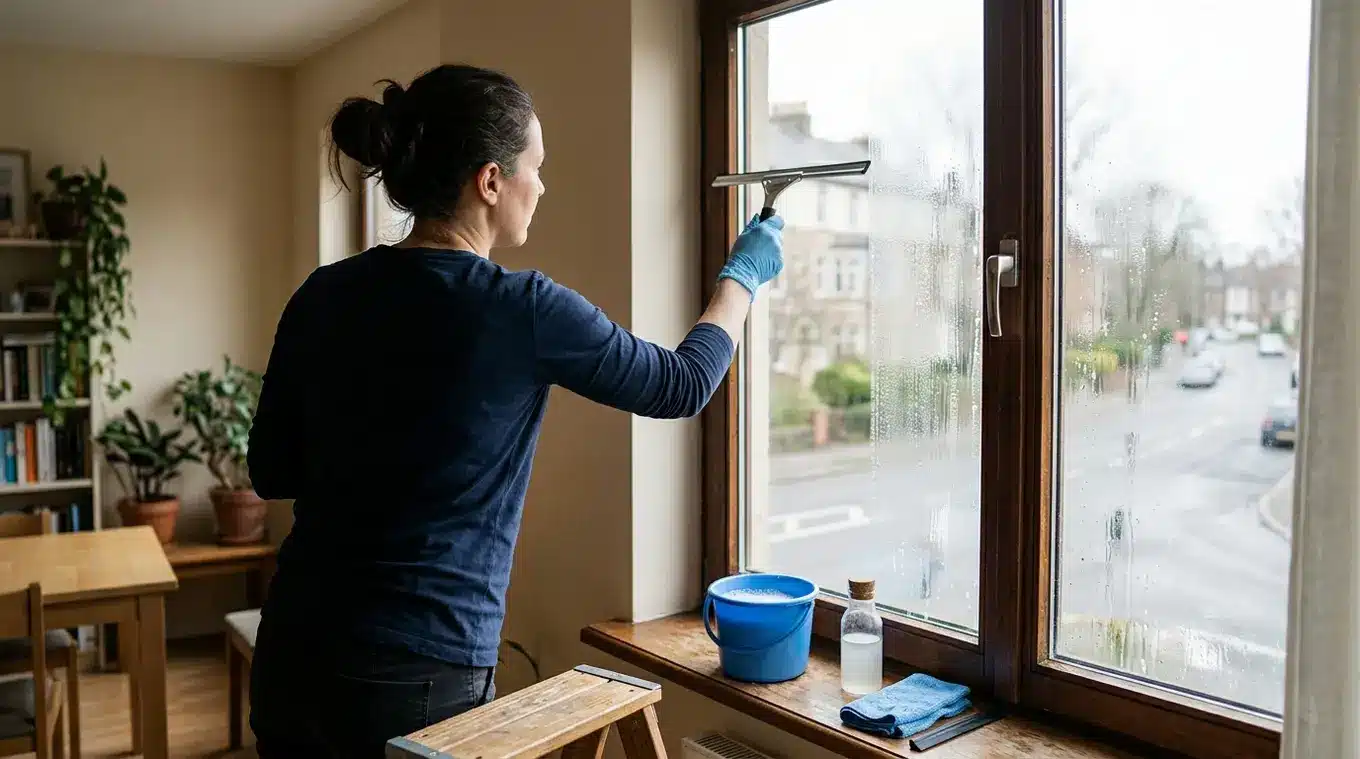 Binnendeur/raam dat wordt schoongemaakt: persoon veegt met een ramenwisser van boven naar beneden, vensterbank met emmer lauw water, flesje schoonmaakmiddel, microvezeldoek en extr