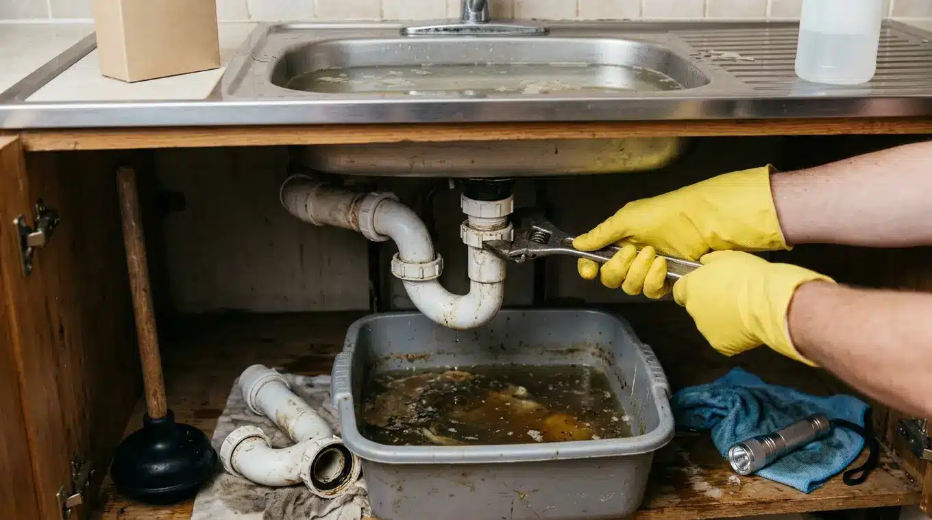 Fotorealistische foto, horizontaal: handen met gele handschoenen demonteren een witte kunststof sifon onder een wastafel; losse sifon-delen en een emmer met bruin vuil water liggen