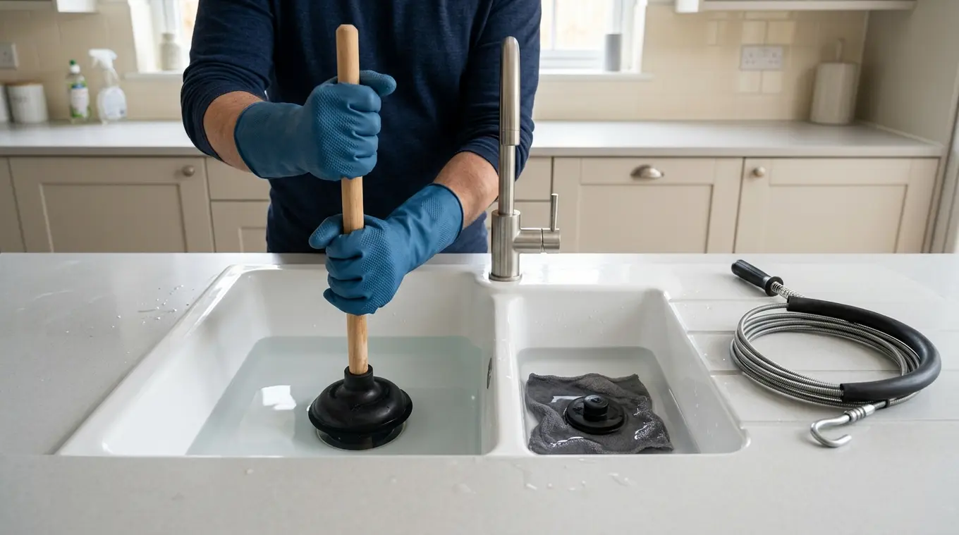 Horizontale foto van handen met rubberen handschoenen die een plopper loodrecht op de afvoer van een dubbele gootsteen plaatsen; voldoende water in de kom, andere gootsteenkom afge