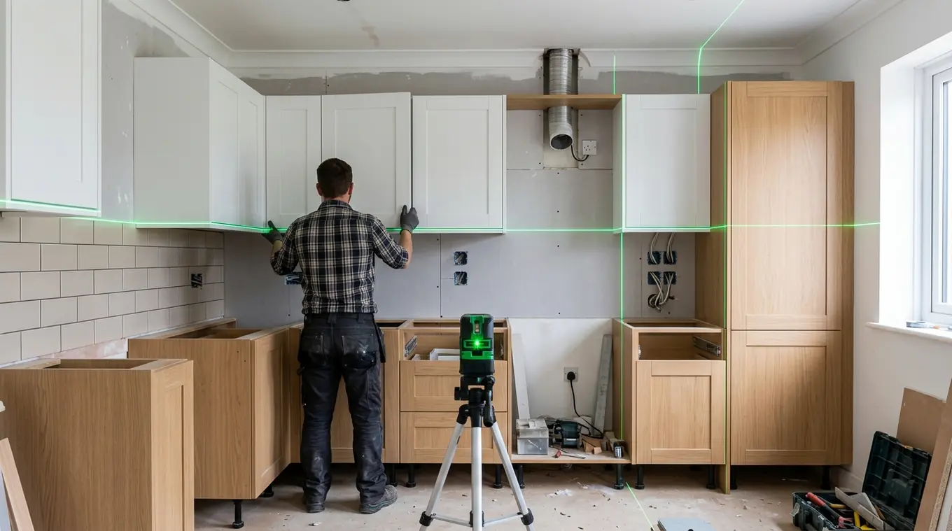 Horizontale foto van een keukenrenovatie met een groen kruislijnlaser: horizontale lijn loopt over alle kastposities, verticale lijn langs een hoge kast en afzuigkap; monteur hangt