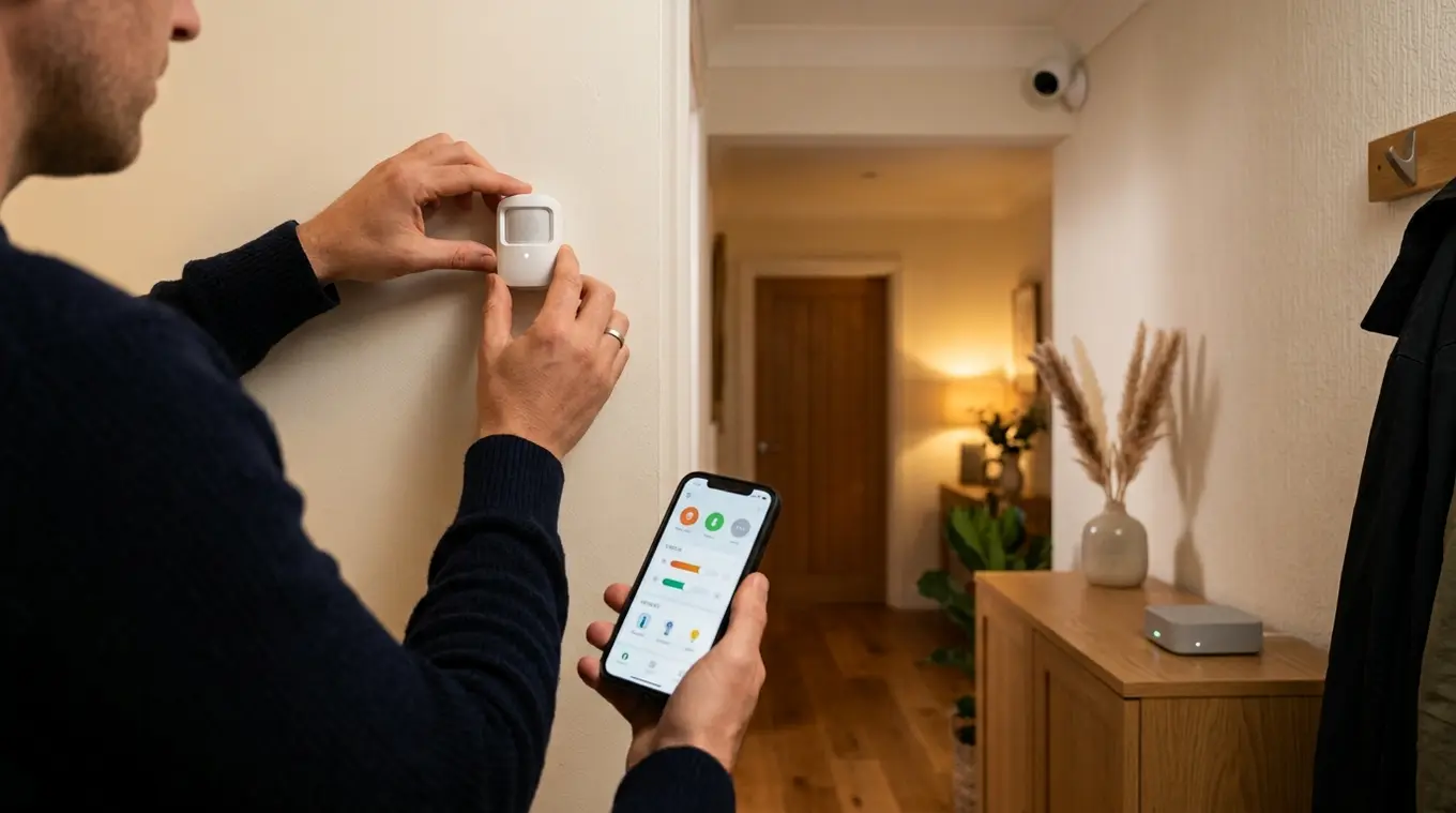 Persoon stelt een witte slimme bewegingssensor af in een warme, schemerige hal; smartphone met generieke smart‑home app zichtbaar, neutrale hub en bewakingscamera op de achtergrond